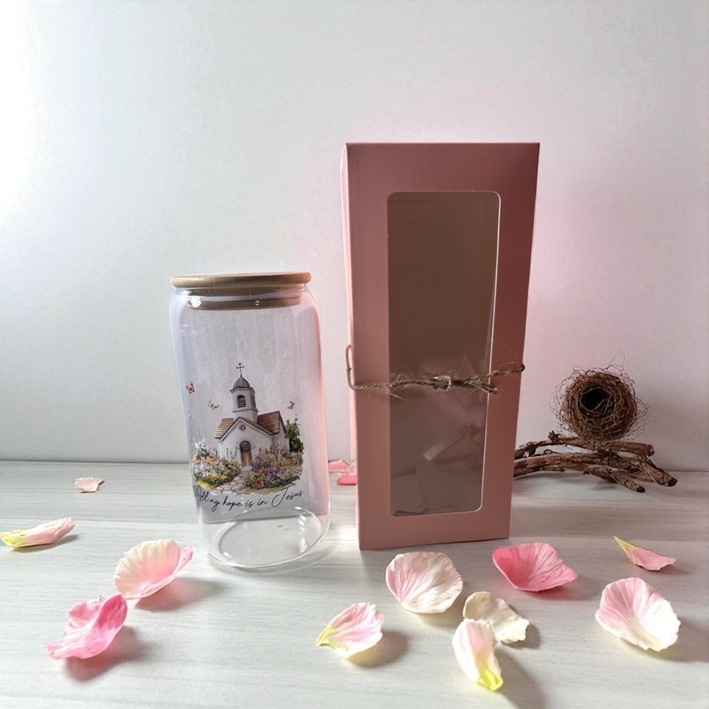 Serene Church Scene Glass Jar with Pink Gift Box
